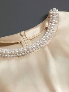 ALIAO Elegant Pearl Collar Dress Pearl Detail Date Vacation Wedding Guest Midi Dress All Season Night Out - Apricot - View 12