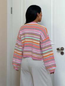 Women's Fashion Elegant Vacation Street Style Colorful Striped Contrast Color Long Sleeve Petal Sleeve Knit Sweater - Multicolor - View 7