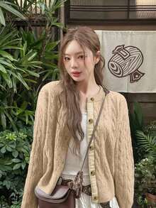 Fresh Style Round Neck Short Cardigan Sweater For Women, Loose Fit, Outerwear, Layering, Slimming, Korean Version Knit Jacket - Oatmeal - View 2