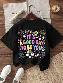 Tween Girl Casual Funny Print Round Neck Short Sleeve T-Shirt, Summer Top - Black - View 1