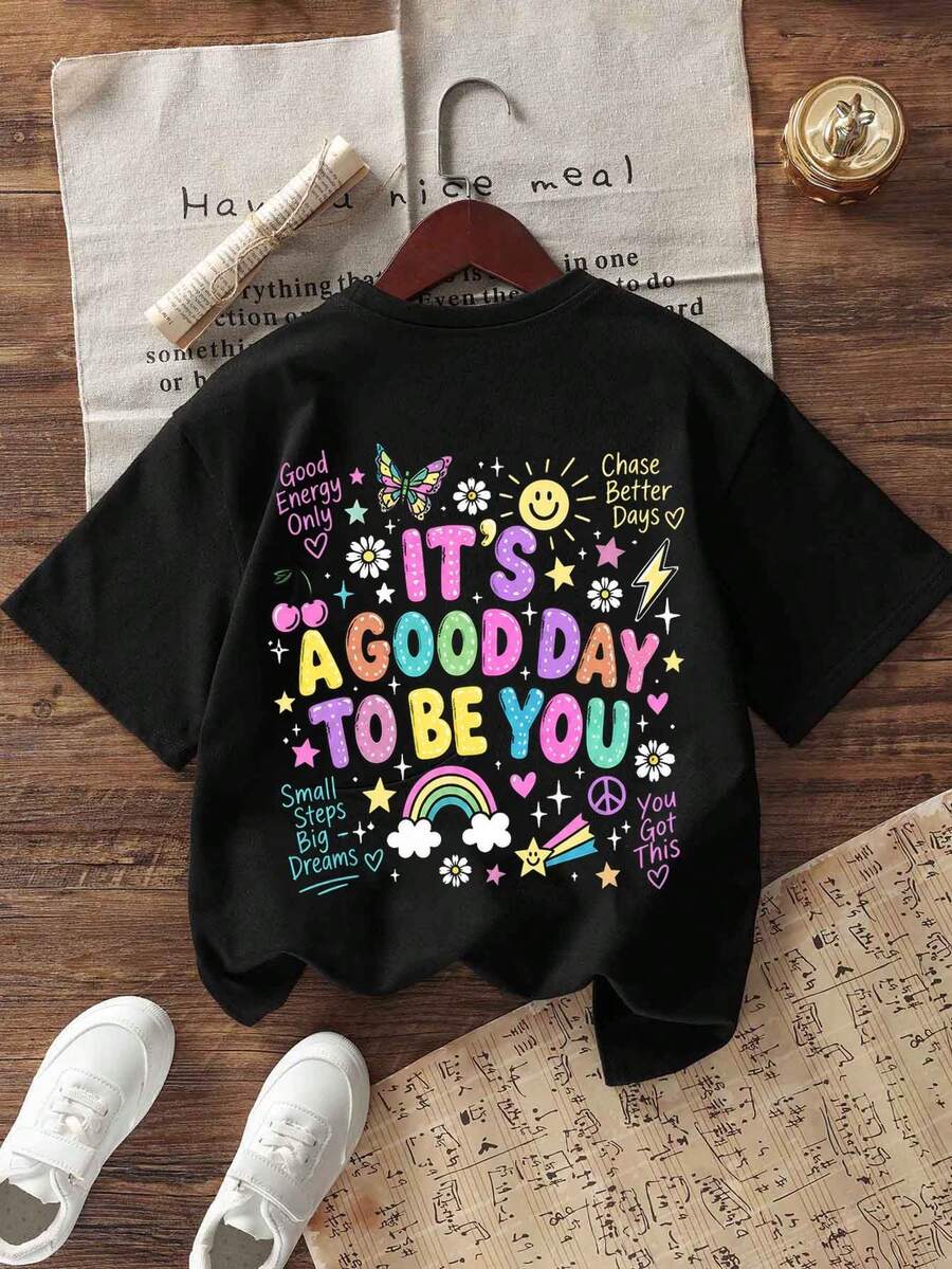 Tween Girl Casual Funny Print Round Neck Short Sleeve T-Shirt, Summer Top - Black - View 1