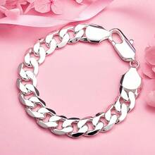 1pc 925 Silver-Plated 8-Inch 12mm Minimalist Cuban Chain Bracelet – Stylish Wedding Jewelry & Party Gift For Men And Women - Silver - View 1