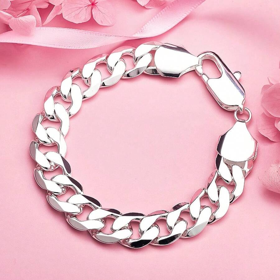 1pc 925 Silver-Plated 8-Inch 12mm Minimalist Cuban Chain Bracelet – Stylish Wedding Jewelry & Party Gift For Men And Women - Silver - View 1