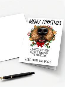 1pc Cute Christmas Card From The Dog For Partner, Dog Dad – Funny Dog Nose Wreath Illustration, Festive Humor, Thickened, With Envelope - A - View 7
