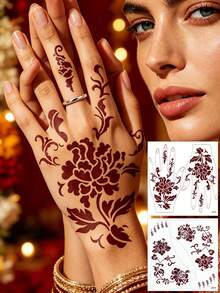 2pcs Brown Vintage Floral Henna Tattoo Set, Symmetrical Large Floral Mehndi Temporary Tattoos For Hands And Feet, Suitable For Music Festivals, Weddings, Eid Parties, Body Art, Formulated Without Henna - Brown - View 3