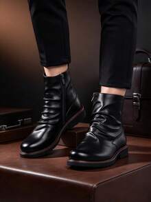 QRLQRL Autumn/Winter Men's Ruched Stacked Ankle Boots, Side Zipper Square Toe Thick Sole Fashion Boots, Urban Commute Streetwear Footwear - Black - View 4