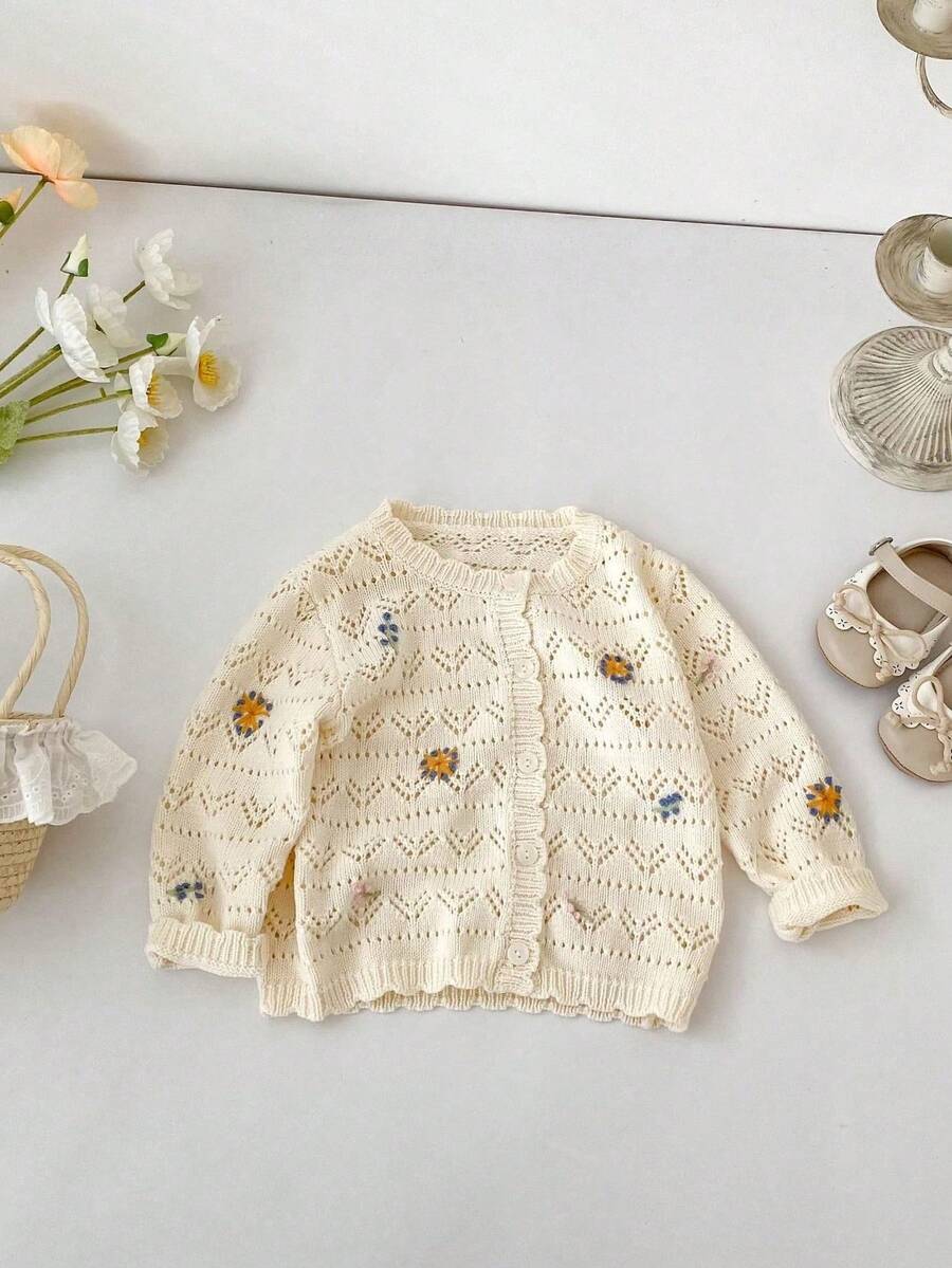 Baby Girls Spring/Autumn New Clothing, Floral Embroidered Pure Cotton Sweater, Girls Versatile Knit Cardigan, Hollow Long Sleeve Jacket - Apricot - View 1
