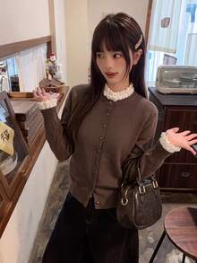 Autumn/Winter Korean Style Sweet Cute Contrast Color Frill Trim Round Neck Long Sleeve Single-Breasted Knit Cardigan Women Loose Slimming Versatile Sweater Top - Coffee Brown - View 3