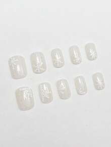 聖誕美甲 24片/組 正方形純白雪花穿戴甲 短甲 可穿戴美甲套組 適合辣妹、上班族女性，適用派對、約會、日常穿戴與派對使用 - 彩色 - 查看 2