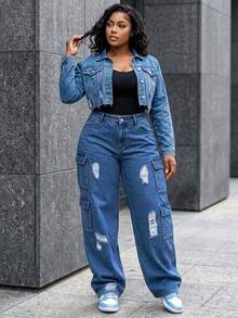 Plus Size Women Y2K Street Style Multi-Pocket Distressed Cargo Straight Leg Denim Jeans Autumn - Dark - View 5