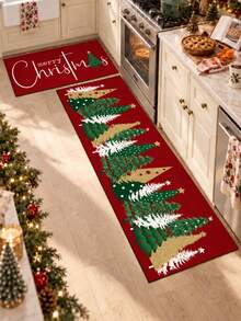 1/2pcs Christmas Kitchen Decor Rug, Christmas Tree Pattern Winter Kitchen Mat And Pad, Non-Slip Washable Absorbent Kitchen Accessory Decorative Mat, Christmas Holiday Gift! - Multicolor - View 2