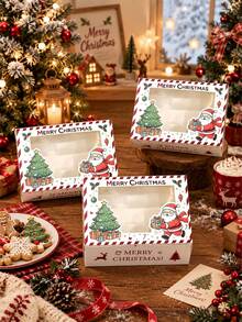 4/8/12pcs 2026 NEW Christmas Gift Box With Transparent Window | Santa Claus & Xmas Tree Printed Present Box, Festive Striped Paper Box For Christmas Party Decorations - View 9