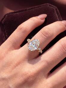 1pc Shiny Oval Rhinestone Ring, Women's Classic Transparent Sparkling Silver Band, Vintage Style, Suitable As Finger Accessory Or Gift - Gold - View 3