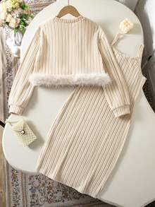 2pcs/Set Girls Autumn/Winter Fashion Elegant Knit Ribbed Patchwork Ribbed Pearl Decor Inner Layer Knee-Length Spaghetti Strap Dress - Apricot - View 2
