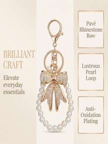 Bow-Knot Keychain Featuring A Faux-Pearl Chain And A Sparkling Bow Charm; Suitable For Handbags, Wallets, And Backpacks-A Stylish Accessory For Women. - Gold - View 5
