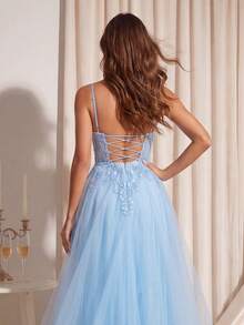 Spaghetti Strap Lace Prom Dress, Banquet Dresses Elegant Fall Wedding Party - Mint Blue - View 6