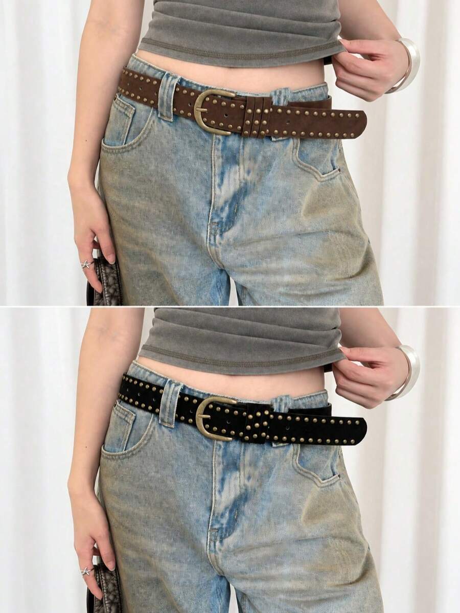2pcs American Style Fashion Casual Rivet Minimalist Versatile Women's PU Leather Belt
