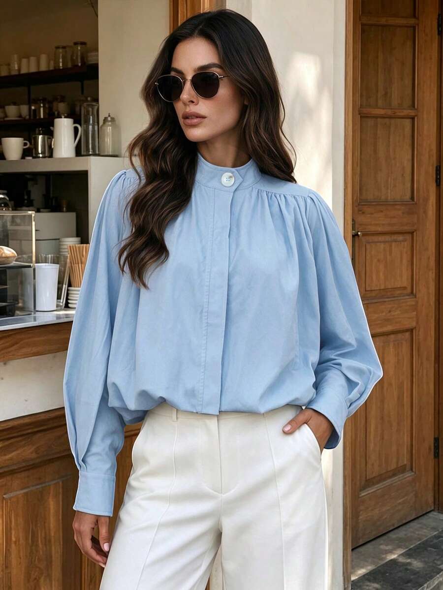 Women's Elegant Casual Ruched Button Long Sleeve Jacket, Suitable For Daily Commute, Spring/Autumn