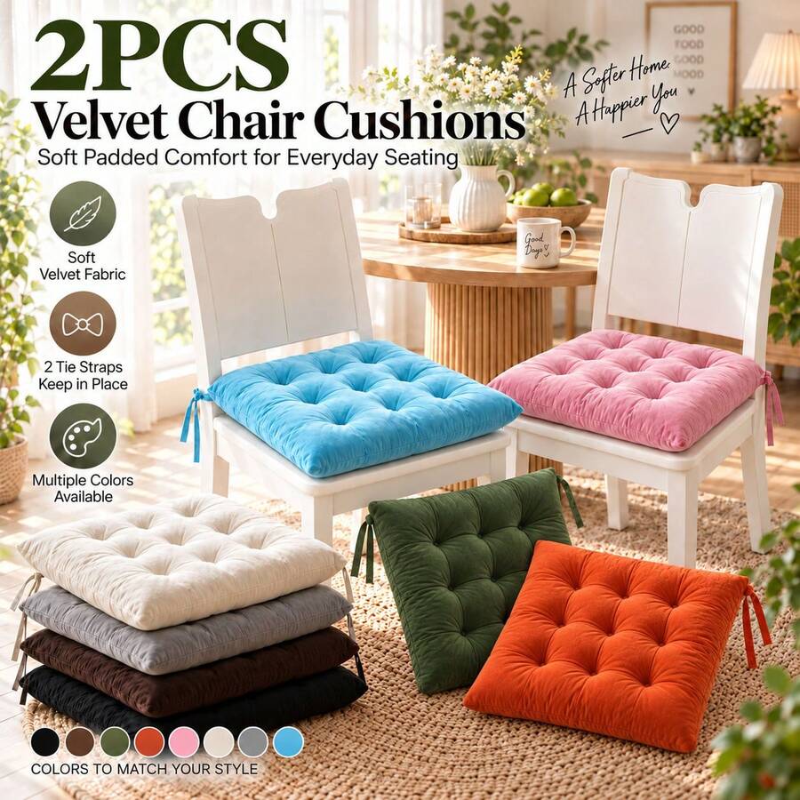 2pcs Set Tie-On Dining Chair Seat Cushions, 40x40cm Square 9-Point Elastic Band Velvet Touch Seat Pads, Thick Soft Kitchen Chair Cushions, Suitable For Dining Room, Office, Floor Seating And Small Pet Resting Mat - Multicolor - View 1