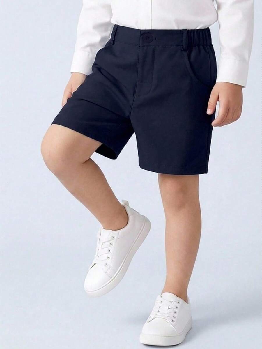 Young Boy Solid Color Simple Casual Shorts, Suitable For Daily Outings, Holidays, Travel, School, Summer - Navy Blue - View 1