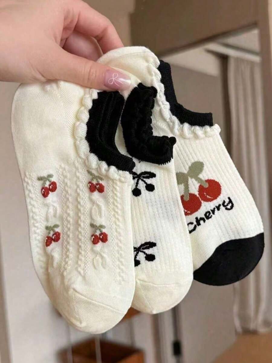 3/1 Pair/Set Women's Thin Breathable Invisible Socks, White, Cherry Red ...