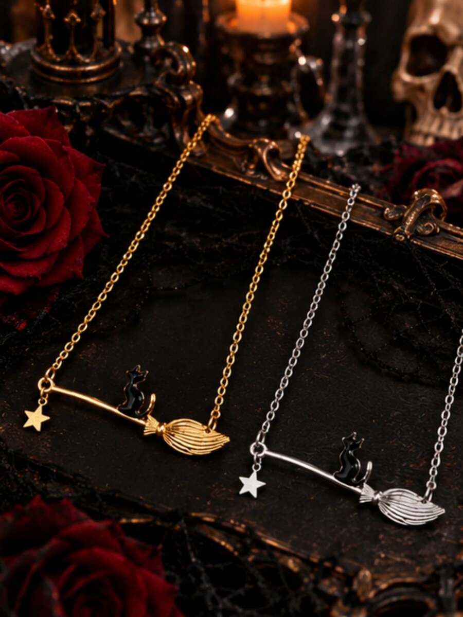 1pc Vintage Creative Niche Cat Broom Star Necklace, Suitable For Daily Wear, Holiday, Party, Halloween, Exquisite Gift - Multicolor - View 1