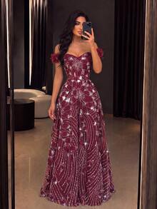 Gaun Formal Panjang Wanita dengan Model Bahu Terbuka, Desain Bahu Terbuka Mawar 3D, dan Detail Renda yang Indah, Cocok untuk Acara Prom dan Malam Hari - Burgundy - View 4