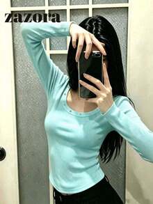 Sweater Rajut Musim Gugur Leher Bulat dengan Hiasan Rivet, Atasan Serbaguna, Pas Badan, dan Menawan untuk Wanita - Hijau - View 7