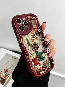 Christmas Painted Cream Wave Edge Burgundy Flat Print Anti-Drop Fashion Cute Phone Case For IPhone 17/17 Pro/17 Pro Max/16/16 Pro/16 Pro Max/16 Plus/14/15/P14/P13/P12/P11, Thickened Soft Full Coverage Creative Shockproof Shell - Multicolor - View 4