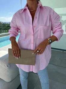 Women's Dropped Shoulder Long Sleeve Striped Shirt, Casual Loose Fit, Suitable For Spring/Summer Commute And Daily Wear Pink - Pink - View 4