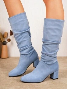 Western Style Petite Height-Increasing Tall Boots For Women, Autumn/Winter New Chunky Heel Slimming Slouchy Riding Boots - Blue - View 1