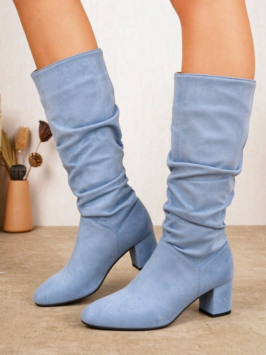 Western Style Petite Height-Increasing Tall Boots For Women, Autumn/Winter New Chunky Heel Slimming Slouchy Riding Boots - Blue - View 1