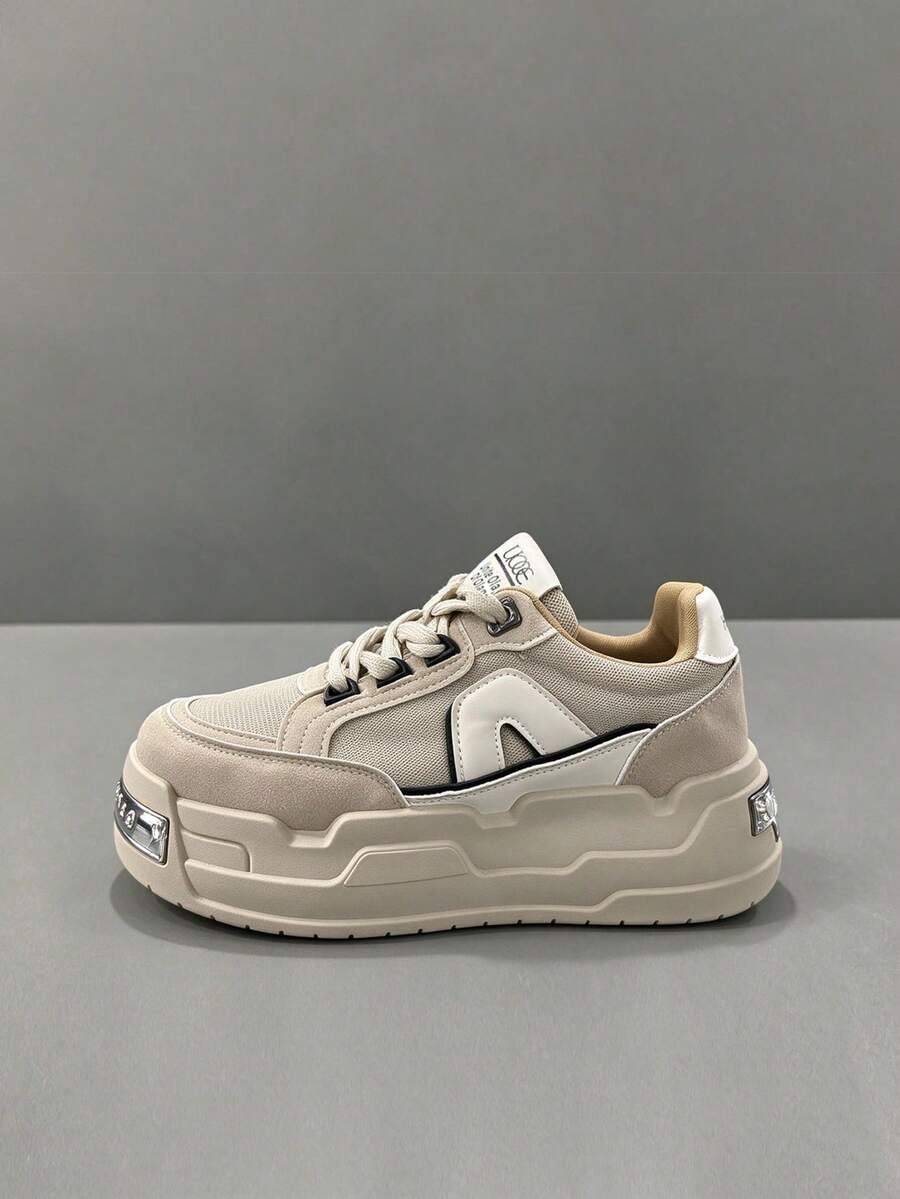 Thick Sole Height-Increasing Retro Bread Shoes With Chunky Strap Design, Non-Slip Wear-Resistant Casual Sports Shoes, Street Fashion Versatile Daily Commute Comfortable Chunky Sneakers - Apricot - View 1