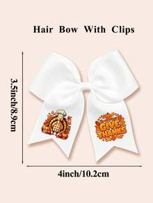 1pc Girls Thanksgiving Large Ribbon Bow Hair Clips, Turkey & "Give Thanks" Print Hair Clips, Fall Autumn Holiday Party Hair Accessories For Kids - White - View 7