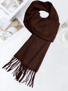 1pc Solid Color Scarf, Unisex Knitted Tasseled Warm Long Scarf, Versatile Boyfriend Gift, Neck Warmer, Blanket, Autumn/Winter - Dark Brown - View 1