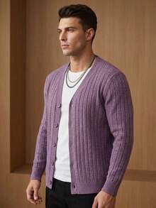 Cárdigan tejido acanalado hombre cuello V manga larga botones estilo old money preppy smart casual clean aesthetic Gen Z ideal citas oficina otoño invierno knitwear classy outfit trendy - Lila Púrpura - Ver 5