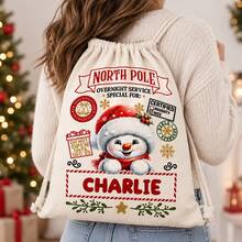 Custom Snowman Christmas Drawstring Backpack,Personalized Name Canvas Gift Bag,North Pole Holiday Storage Sack,Customized Christmas Decor,Customizable - Style D - View 4