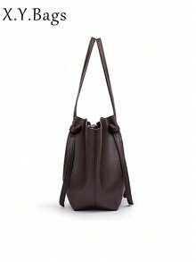 Large Capacity Solid Color PU Leather Soft Long Strap Minimalist Elegant French Style Women's Tote Bag, Suitable For Daily Office Commute - Coffee - View 8