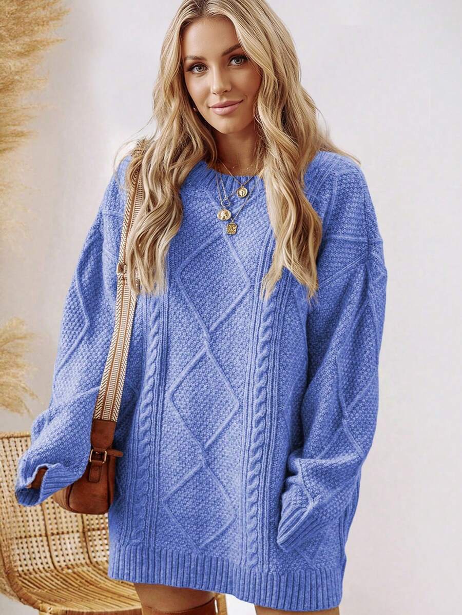 Acelitt Autumn/Winter Plus Size Women's Solid Color Knit Textured Cold Shoulder Plus Size Sweater Dress - Dusty Blue - View 1
