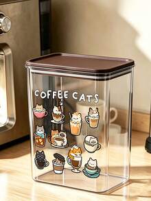 可愛杯子貓與「Coffee Cat」字母圖案咖啡收納盒，氣密塑膠食品容器，大容量，防塵防潮，廚房檯面咖啡站收納架，裝飾性，廚房檯面收納，咖啡愛好者禮物 - 彩色 - 查看 1