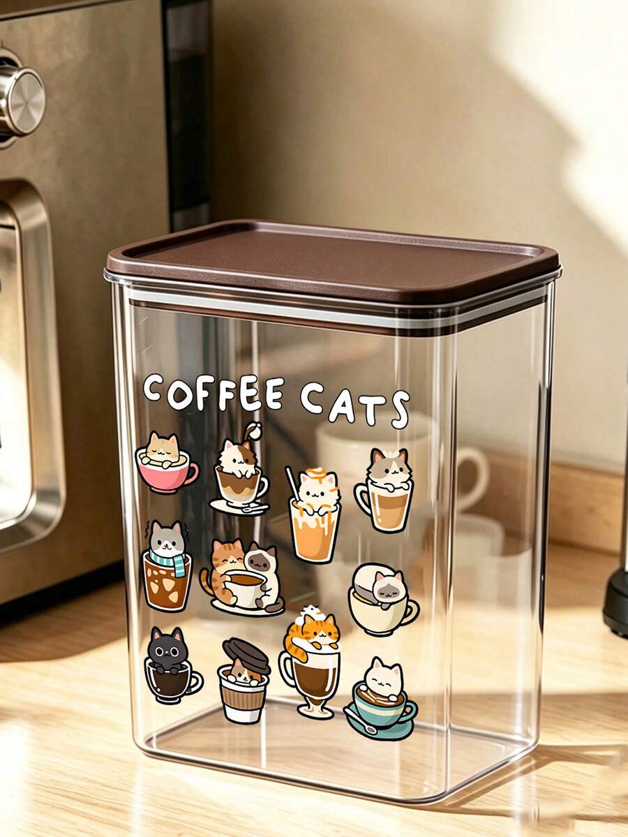 可愛杯子貓與「Coffee Cat」字母圖案咖啡收納盒,氣密塑膠食品容器,大容量,防塵防潮,廚房檯面咖啡站收納架,裝飾性,廚房檯面收納,咖啡愛好者禮物 - 彩色 - 查看 1