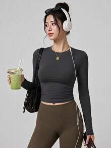 Women's Solid Color Crew Neck Compression Sports T-Shirt, - Grey - View 10