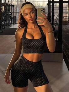 Women's Black Polka Dot 2 Pieces Fitness Set, - Black and White - View 1