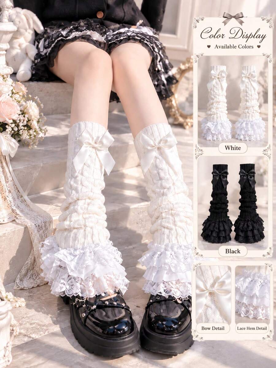 1 Pair Women's Lolita Lace-Trimmed Knee-High Socks, Cute Bow-Adorned ...