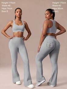 6pecil Women's Dark Gray Practical Flare Pants, V-Waist Hip-Lifting Flare Pants, Tummy Control Sports Pants With Gold Button Pockets - Flint Stone - View 10