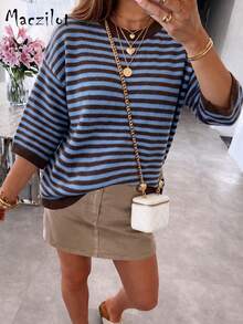 Plus Size Women's Autumn/Winter Striped Colorblock 3/4 Sleeve Pullover Sweater, Casual Commute Date Outfit - Multicolor - View 3