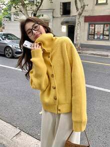 Women's High Neck Cardigan Sweater, Vintage Lapel Loose Knit Jacket, Autumn/Winter - Yellow - View 7
