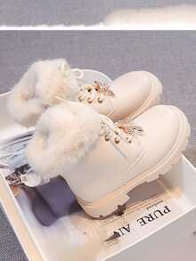 1 Pair Girls' Thermal Lined Boots With Rhinestone Bow And Fur Trim, Thick Sole Warm Ankle Boots For Winter - Beige - View 5