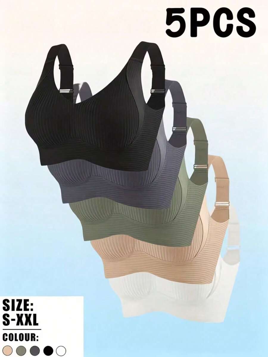 5 Pcs  Women's Wire-Free Seamless Bra, Adjustable Shoulder Straps, Supportive And Shaping Bra,Ribbed Push-Up Bra,Sports Bra,Women's Underwear