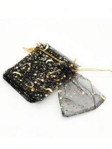 1pc/3pcs/5pcs 9*12cm Gold Foil Black Moon & Star Pattern Organza Drawstring Bags, Suitable For Jewelry Storage, Candy, Chocolate Packaging, Birthday, Party Gift Wrapping - Multicolor - View 9
